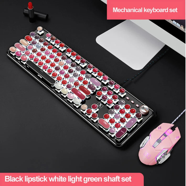Girl Pink Real Mechanical Keyboard Green Axis Punk Retro Round Key Chocolate Lipstick Office Typing Game Keyboard