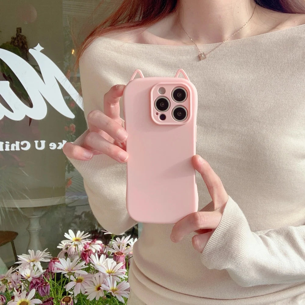 Cute Kitty Cat Ear Design Matte TPU Phone Case for iPhone 16 Pro Max 13 14 15 15 Pro Max Kawaii Candy Color Shockproof Cover