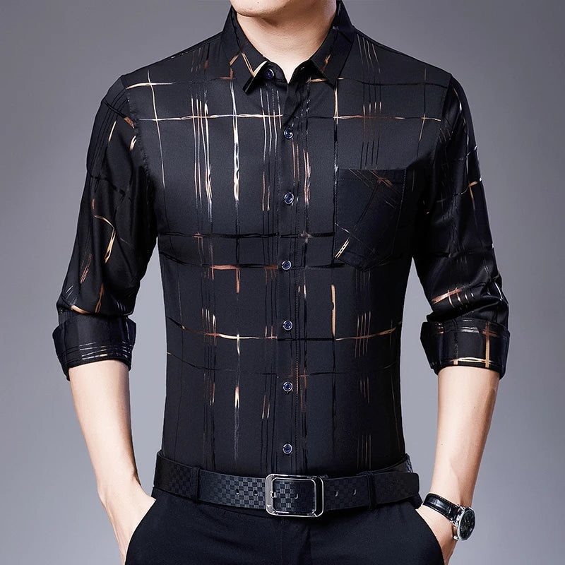 New Arrival Men's Casual Long Sleeve Satin Blouse Shirt Loose Fit Stand Collar Anti-Wrinkle Autumn Stripe Print Wholesale