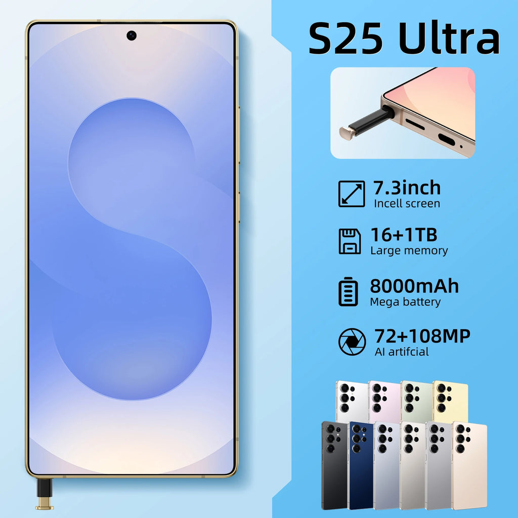 Reverse Wireless Charging Mobile S25Ultra 65W Quick 8000mAh Dual Sim Card 16GB 256GB 512GB Global for Emergency Power Supply