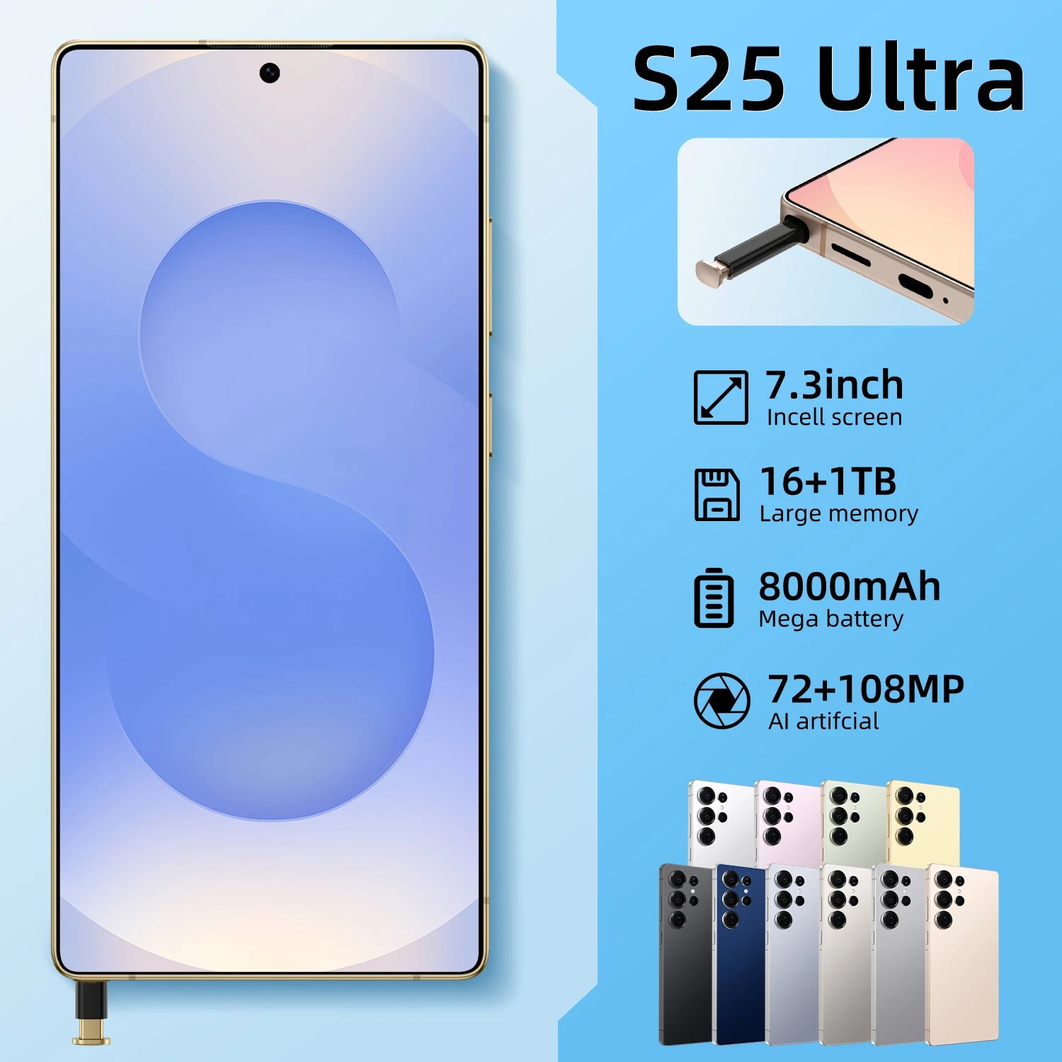 Reverse Wireless Charging Mobile S25Ultra 65W Quick 8000mAh Dual Sim Card 16GB 256GB 512GB Global for Emergency Power Supply