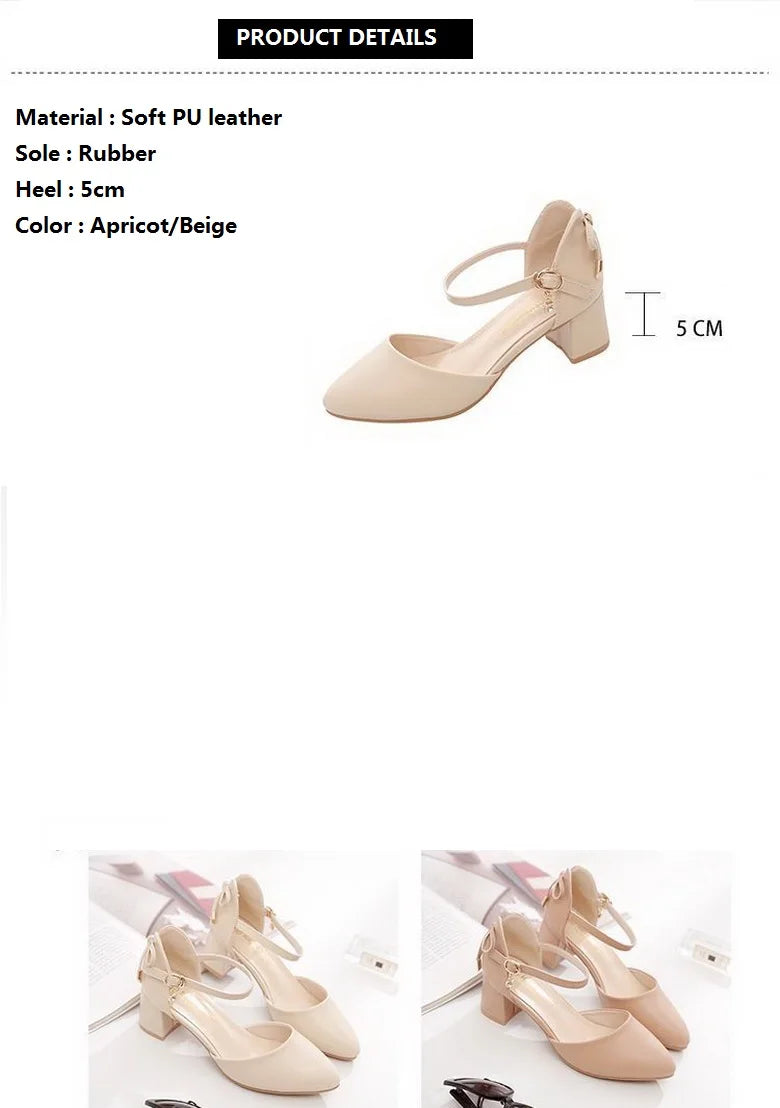 FHC Bowtie High Heels Women Pumps,Pointed toe Single Shoes Woman,Ankle Strap Sandals,Block Heel Footware for Office Lady,Beige