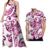 Drop Shipping Samoa Puletasi Casual Women Sling Jumpsuit Match Short Sleeve Aloha Shirt Polynesian Couple Clothes 2pc Set