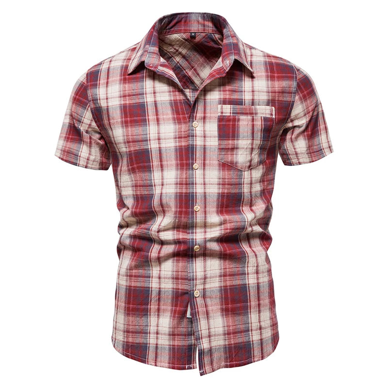 2023 Hot Sale  Vintage  Short Sleeve Plaid Beach t Shirt US Size Men Casual Cotton Plaid Pattern Polo Shirt for Men