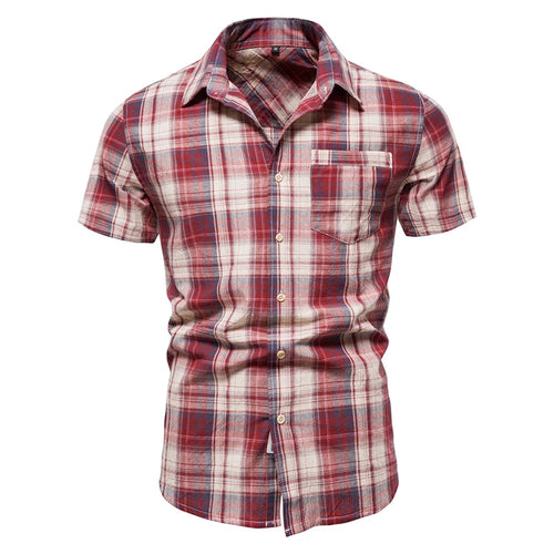 2023 Hot Sale  Vintage  Short Sleeve Plaid Beach t Shirt US Size Men Casual Cotton Plaid Pattern Polo Shirt for Men