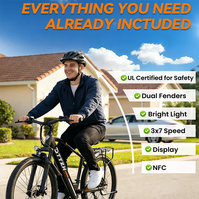 DTTZH High-Carbon Steel 26" E-Bike Brushless Motor 48V 13Ah Lithium Battery 60 Miles Range 21 Speed Dual Disc Brake Rear