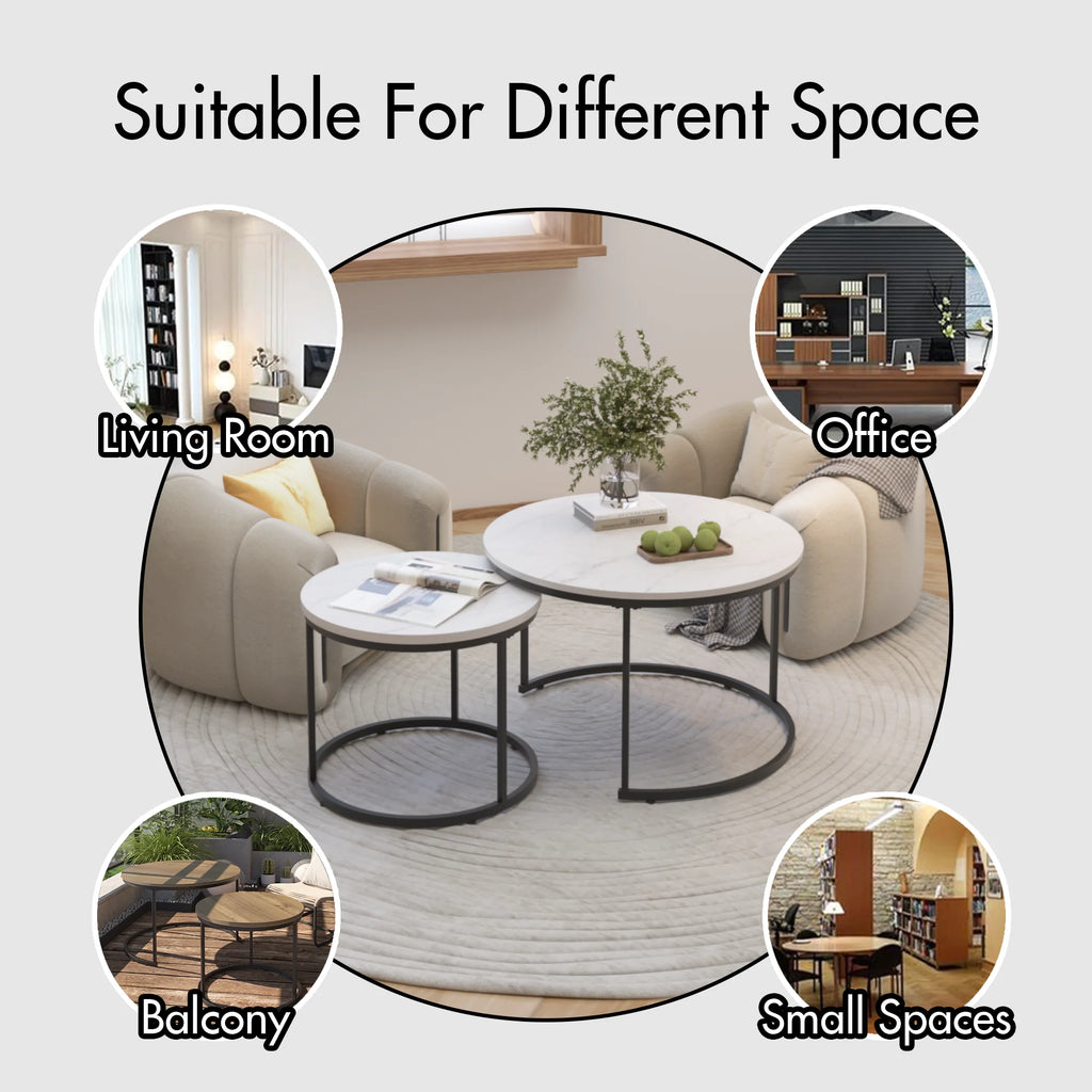 Modern Coffee Table Set 2 27.6inch Wood Marble Pattern Top Sturdy Metal Frame End/Side Tables Living Room Bedroom Balcony Home