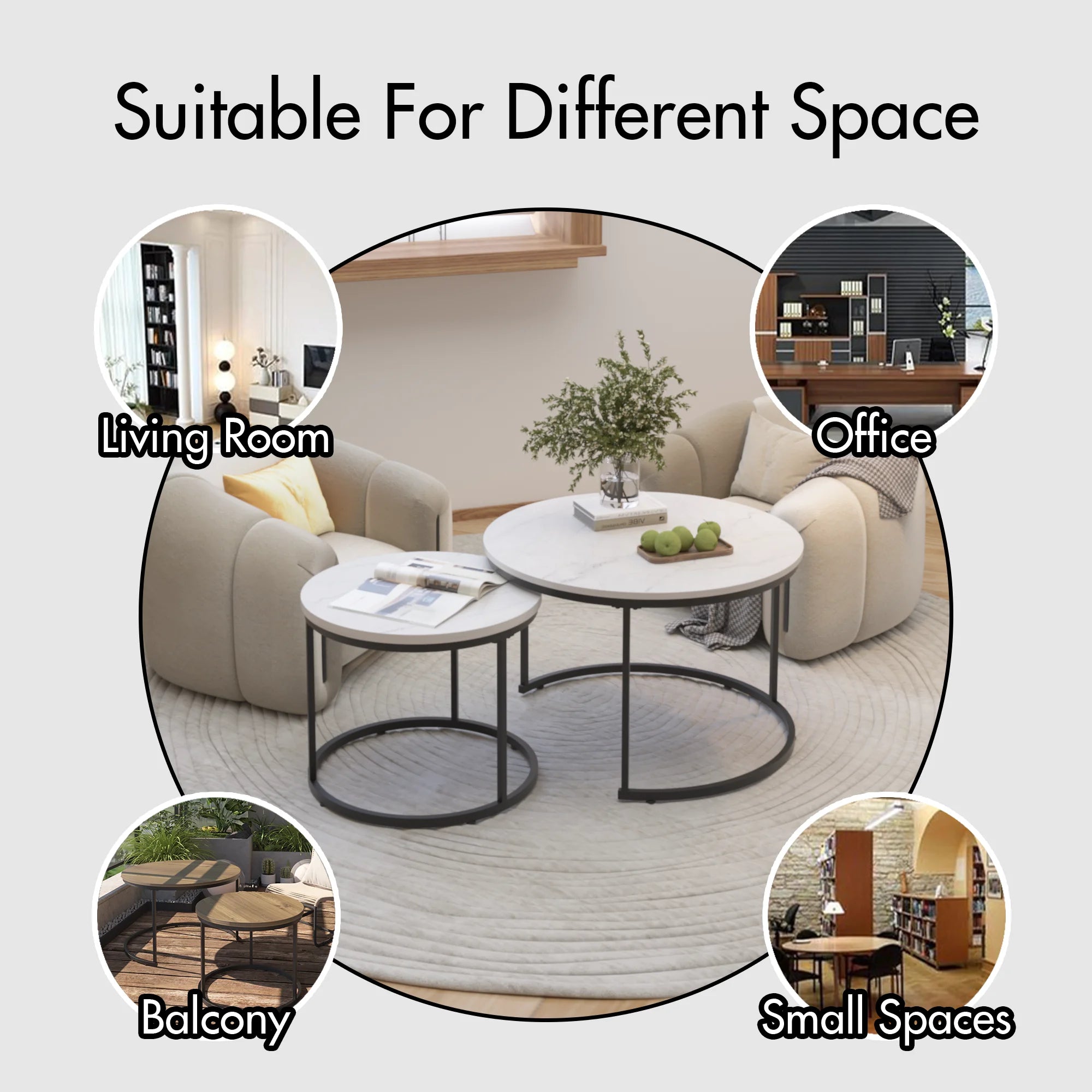 Modern Coffee Table Set 2 27.6inch Wood Marble Pattern Top Sturdy Metal Frame End/Side Tables Living Room Bedroom Balcony Home