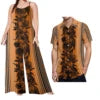 Drop Shipping Samoa Puletasi Casual Women Sling Jumpsuit Match Short Sleeve Aloha Shirt Polynesian Couple Clothes 2pc Set