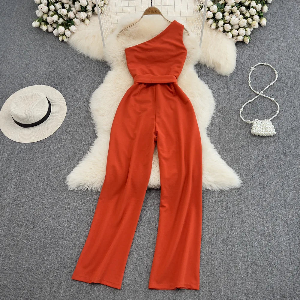 One Size Summer Fashion Slim Fit Slant Neck Sleeveless Jumpsuit High Waisted Straight Leg Wide Leg Pants Jumpsuit