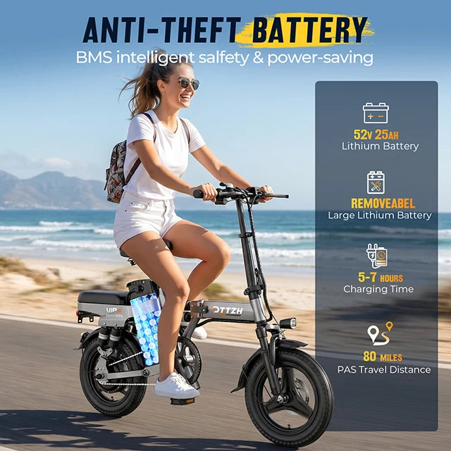 Free Shipping A12S  Hot Sale DTTZH US WareHouse Lithium Electric Bicycle 52v 25Ah Bike Foldable Electric Bike Carbon Steel 14"