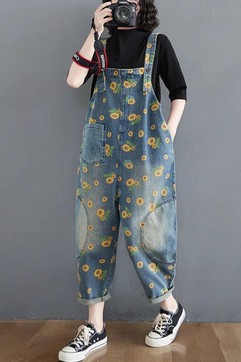 Wholesale Retro Art and Age Reduction Printing Denim Straps for Women Spring and Autumn 2026 New Large Skinny Jumpsuit