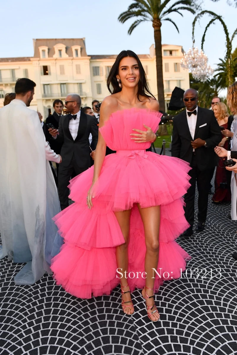Pink Tiered Celebrity Dress Strapless Short Front Long Back Evening Gowns Formal Party Elegant Princess Graduation 2022