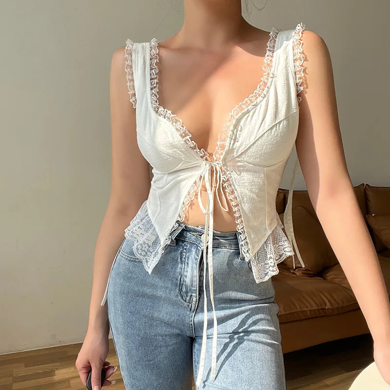 2023 Sexy Bodycon Camis Women Y2k Crop Tops Lace Vintage Bandage Gothic Cropped Top White Sleeveless Club Outfits E Girl 2367