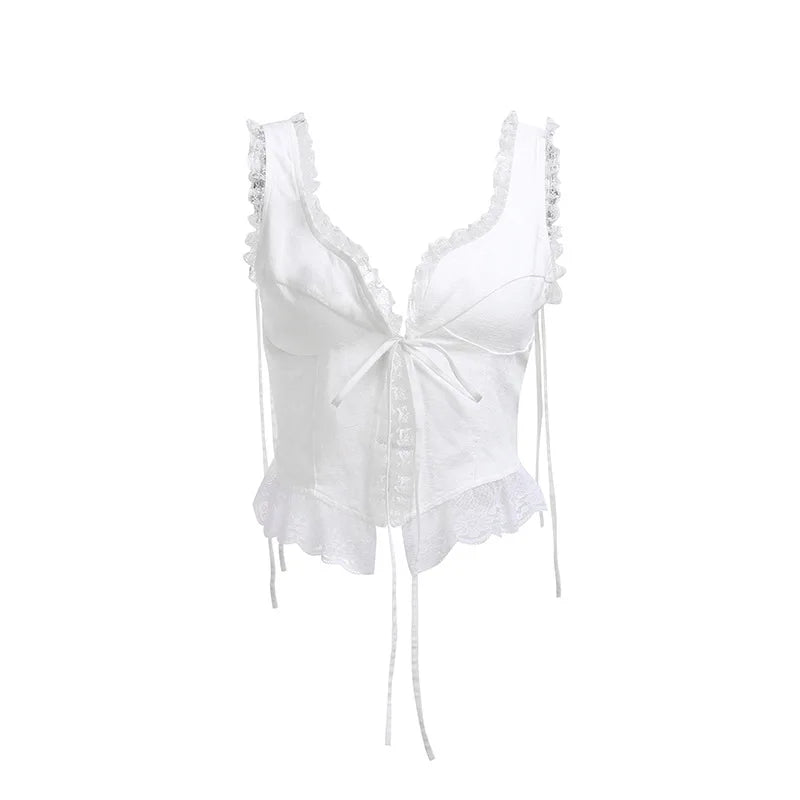 2023 Sexy Bodycon Camis Women Y2k Crop Tops Lace Vintage Bandage Gothic Cropped Top White Sleeveless Club Outfits E Girl 2367