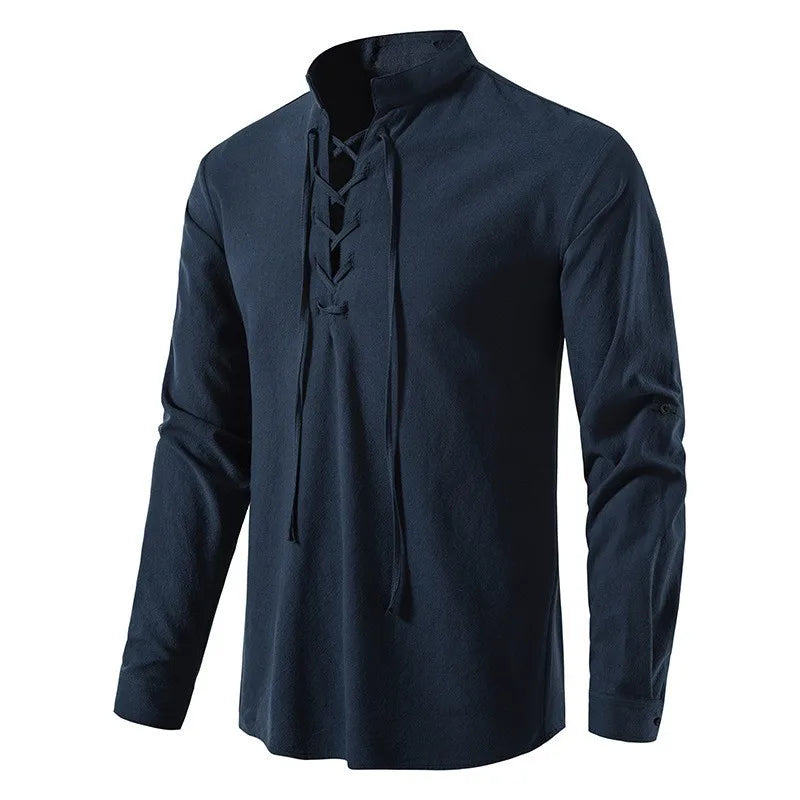 Good Quality New Design Stand Collar Men's Cotton Linen Shirt Long-sleeved Casual Beach Shirt
