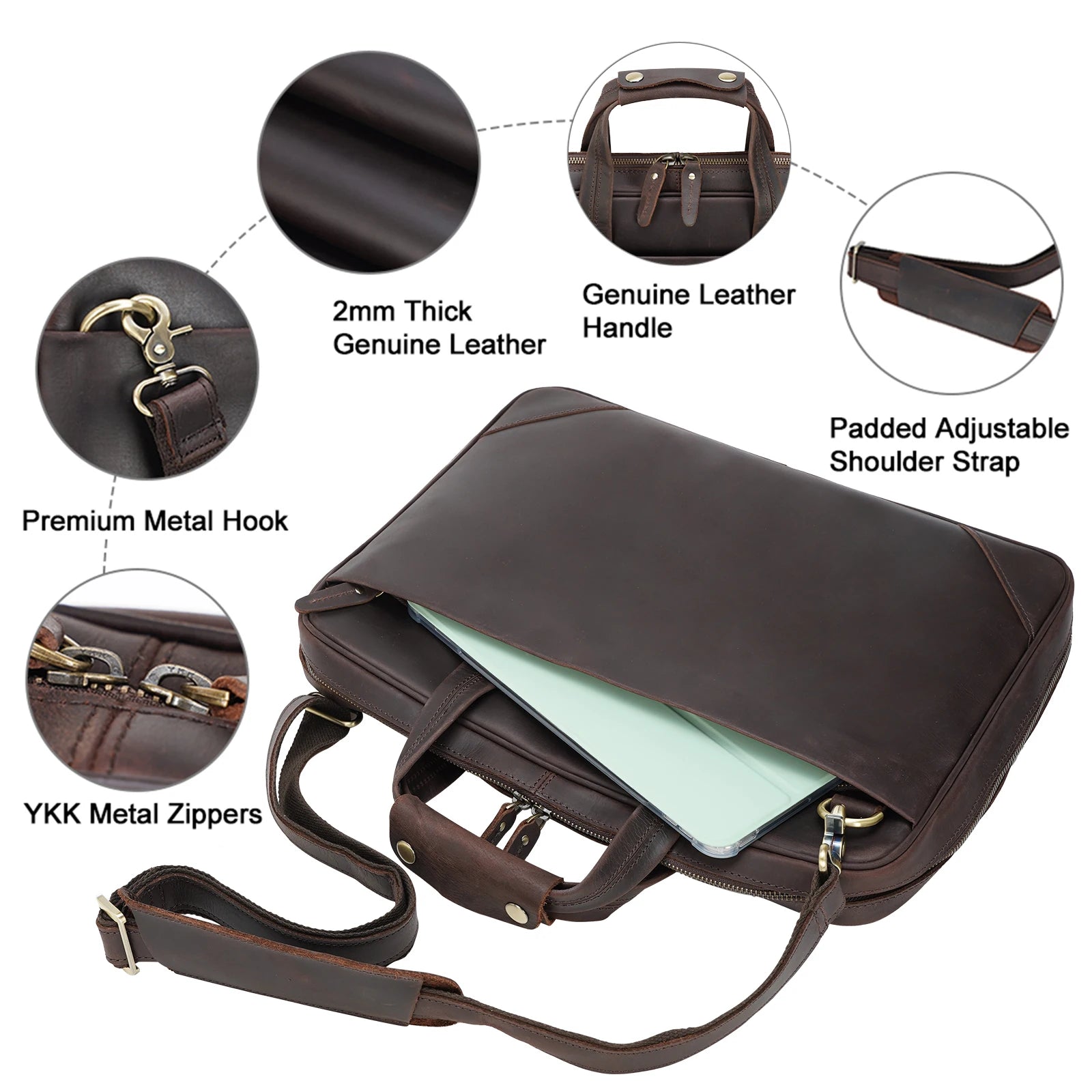 TIDING Vintage Men Cow Buffalo Leather 15 Inch Laptop Briefcase Slim Genuine Leather Laptop Bag for Man