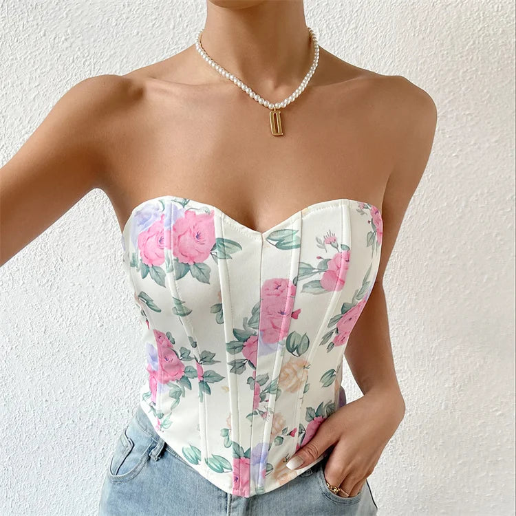 Short Tube Top Corset Monet Floral Print Corset Sexy Fishbone Abdominal Push up Breast Shaper Top Gothic Corset Woman