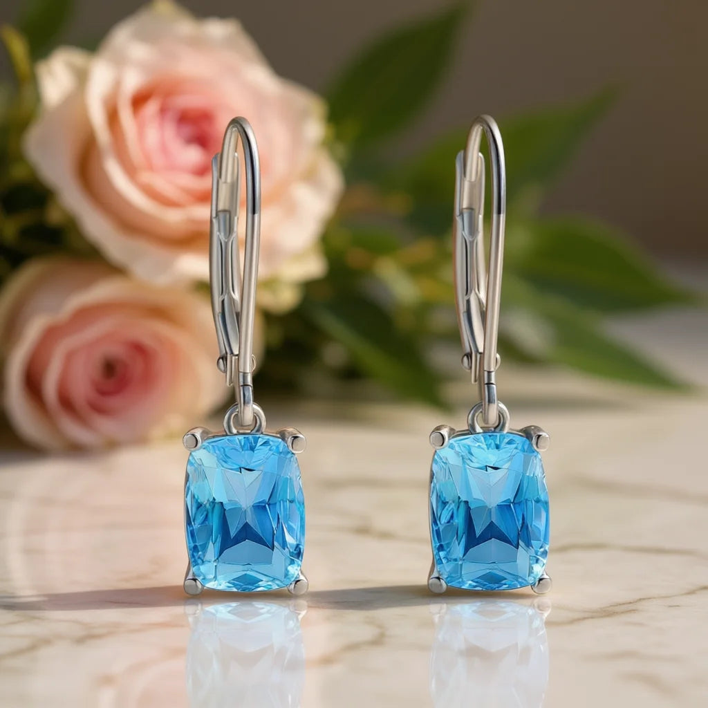 Classic Sea Blue Cushion Cut Crystal Drop Earrings For Women Party Jewelry Alloy Claw Setting Fashion Earrings