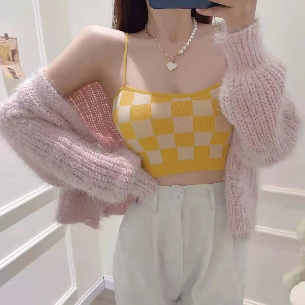 Women Summer Shoulder Vest Plaid Strap Tops Short Style Clothes Ladies Bra Seamless Crop Tops Casual Vest