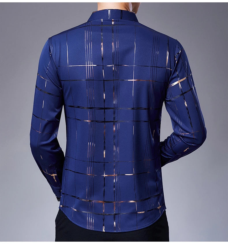 New Arrival Men's Casual Long Sleeve Satin Blouse Shirt Loose Fit Stand Collar Anti-Wrinkle Autumn Stripe Print Wholesale