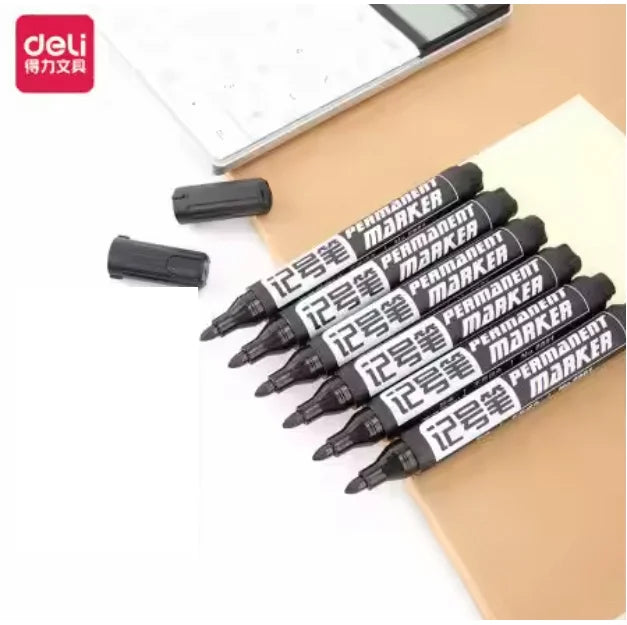 Deli Permanent Marker Pens 6mm Flat Tip Black Ink for Paper Writing School Office Supplies