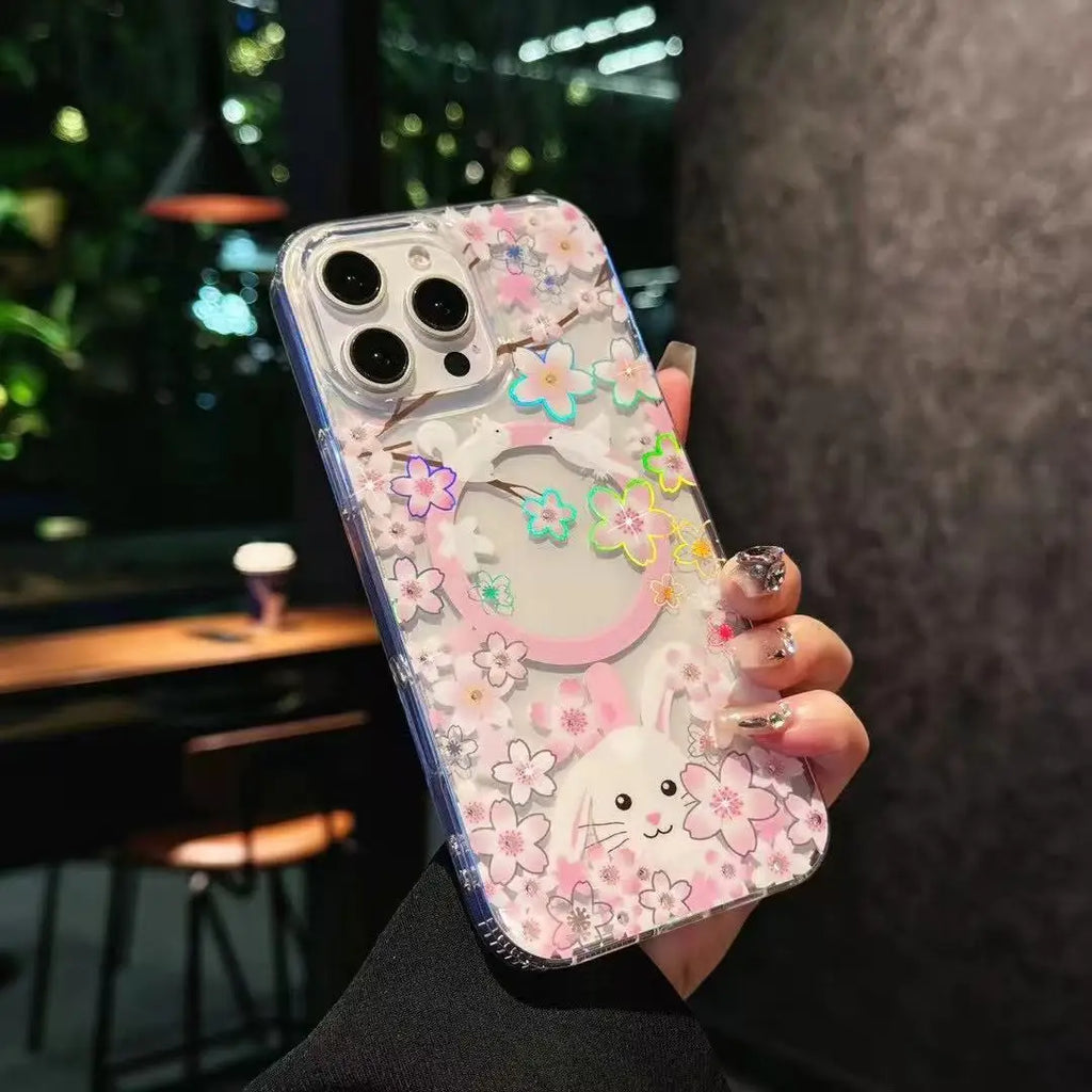 Strong Wireless Spring Flower Printed Laser Magnetic PC+TPU Phone Case for iPhone 16 Pro MAX 2 in 1 Shockproof Phone case