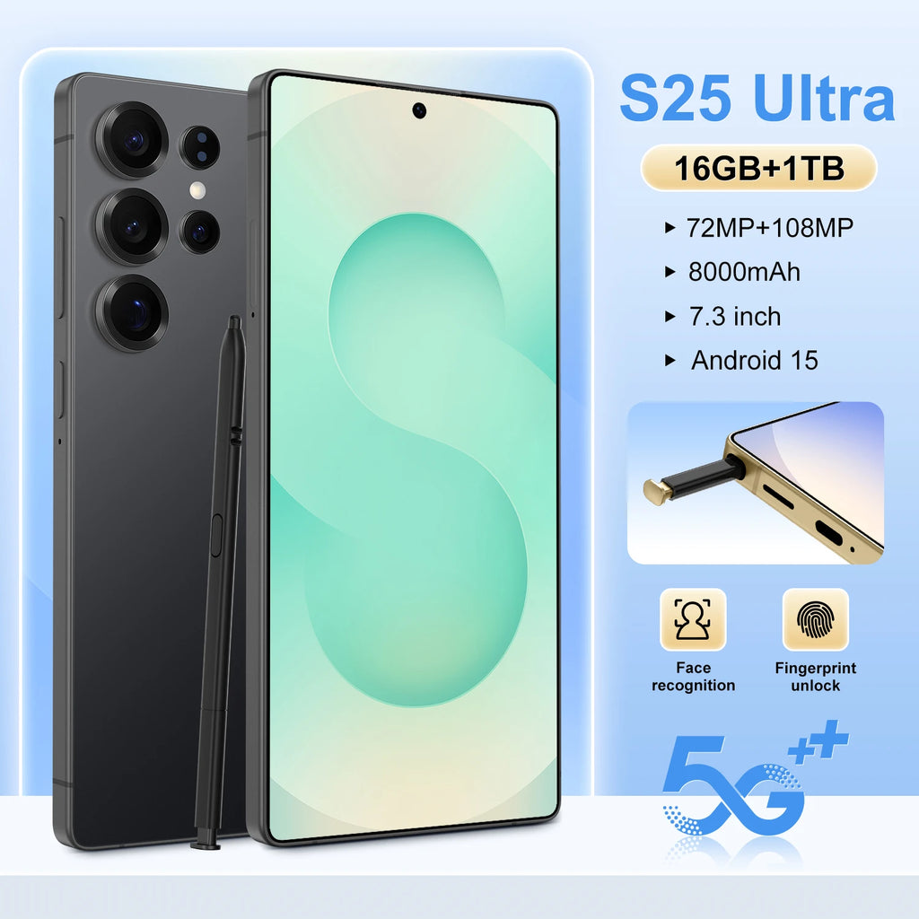 Reverse Wireless Charging Mobile S25Ultra 65W Quick 8000mAh Dual Sim Card 16GB 256GB 512GB Global for Emergency Power Supply