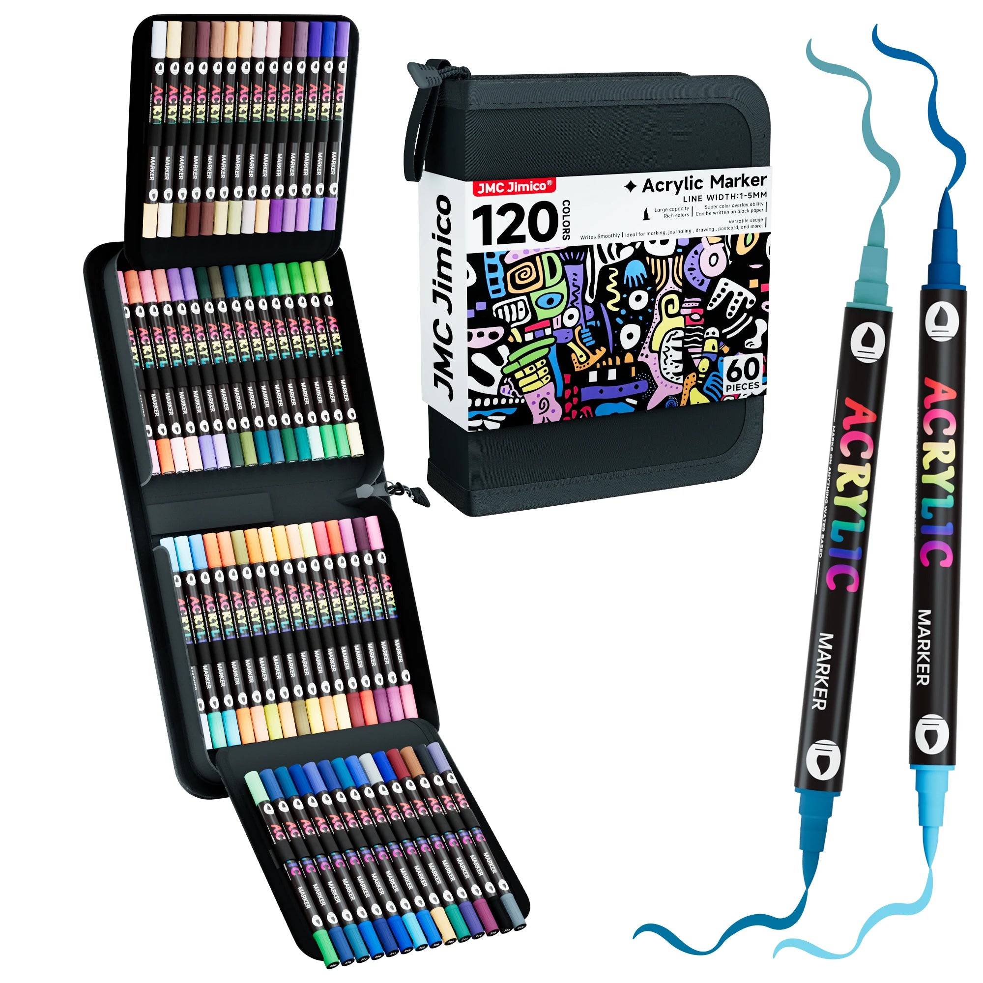 JMC JIMICO Dual-Tip Dual-Color Acrylic Markers 120 Colors, Extra Soft Brush Tip Paint Pens DIY Craft Projects, Complete Art Set