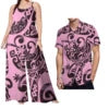Drop Shipping Samoa Puletasi Casual Women Sling Jumpsuit Match Short Sleeve Aloha Shirt Polynesian Couple Clothes 2pc Set