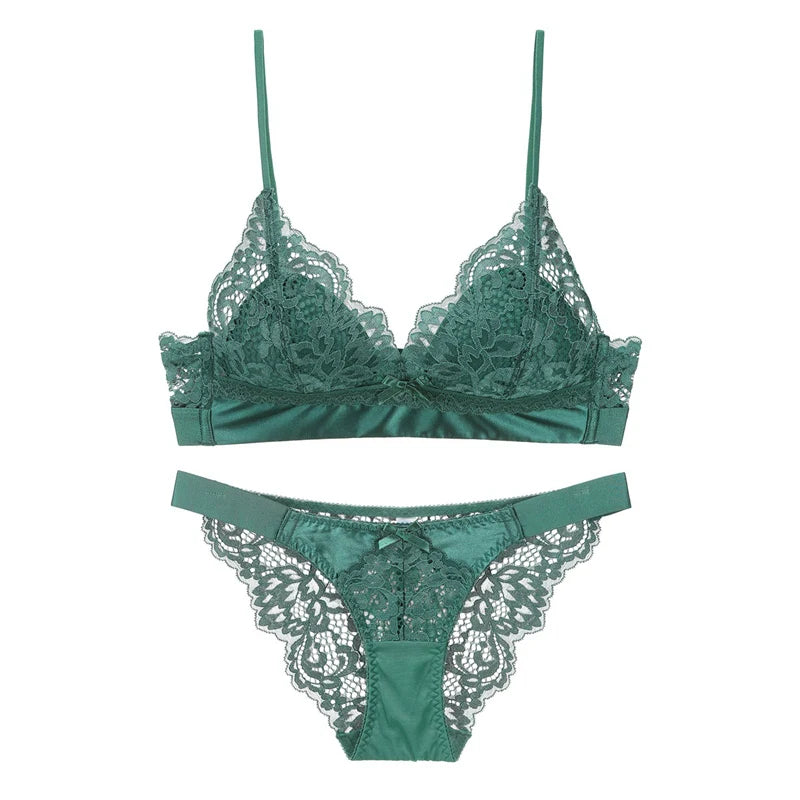 French Hollow Out Lace Triangle Cup Bra and Thong Set Underwear Wireless Thin Lined Women Sexy Lingerie New Arrivals