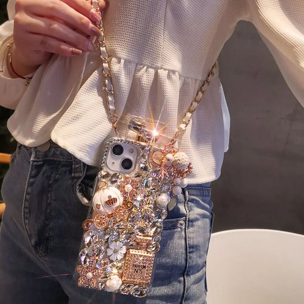 Luxury Designer Acrylic Perfume Glitter Case for iPhone 16 Pro Max 14 Plus Rhinestones Crossbody Shoulder Chain Strap Phone Bag