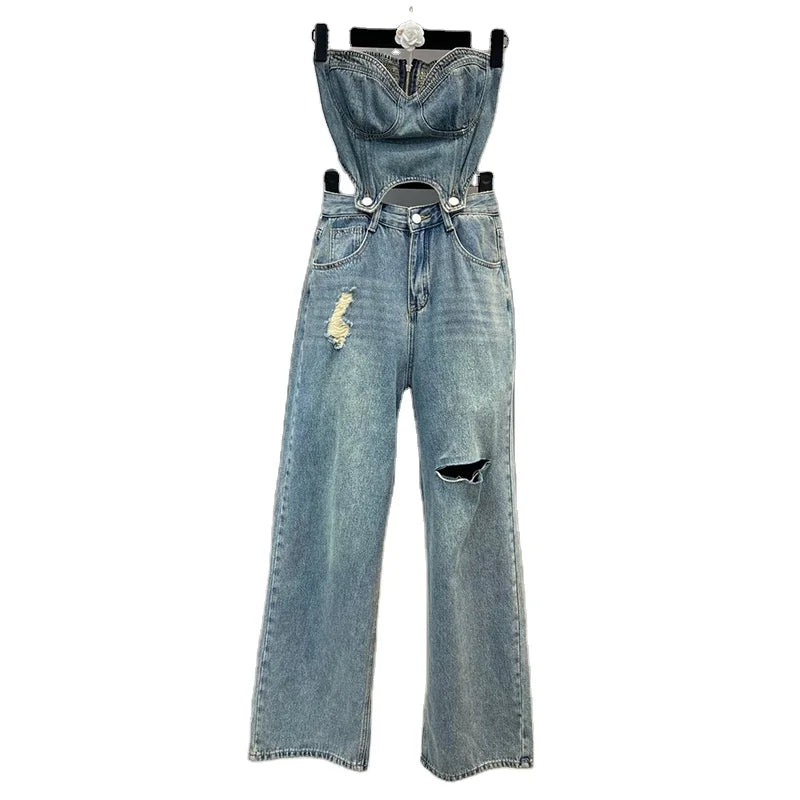 Spring Summer High Quality Cotton Denim High Waist Women Jumpsuit 2023