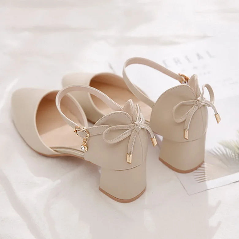 FHC Bowtie High Heels Women Pumps,Pointed toe Single Shoes Woman,Ankle Strap Sandals,Block Heel Footware for Office Lady,Beige