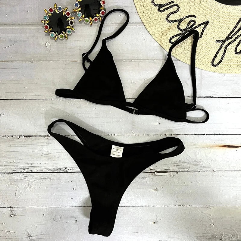 Drop Shipping Sexy Beach Triangle Bikini Ribbed Fabric Swimwear Womens Beachwear