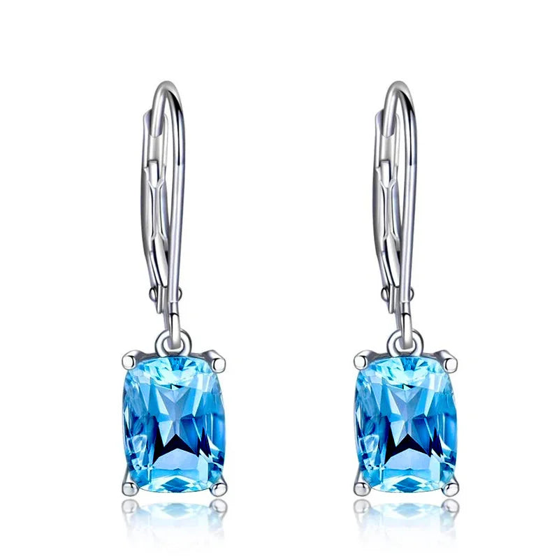 Classic Sea Blue Cushion Cut Crystal Drop Earrings For Women Party Jewelry Alloy Claw Setting Fashion Earrings