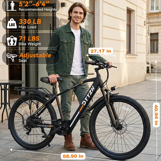 DTTZH High-Carbon Steel 26" E-Bike Brushless Motor 48V 13Ah Lithium Battery 60 Miles Range 21 Speed Dual Disc Brake Rear