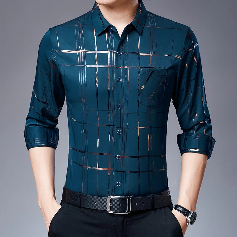 New Arrival Men's Casual Long Sleeve Satin Blouse Shirt Loose Fit Stand Collar Anti-Wrinkle Autumn Stripe Print Wholesale
