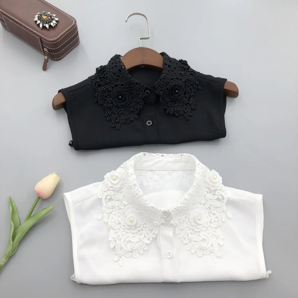 Elegant Detachable Lace Fake Collar Women Blouse Shirt Accessory With Handmade Embroidery Floral Applique Neckline Design