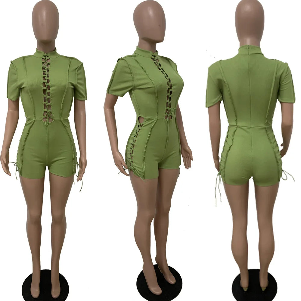 ANSKZTN Women Fashion Bodycon Solid O Neck Hollow Out Bandage Short Sleeve Rompers Jumpsuit