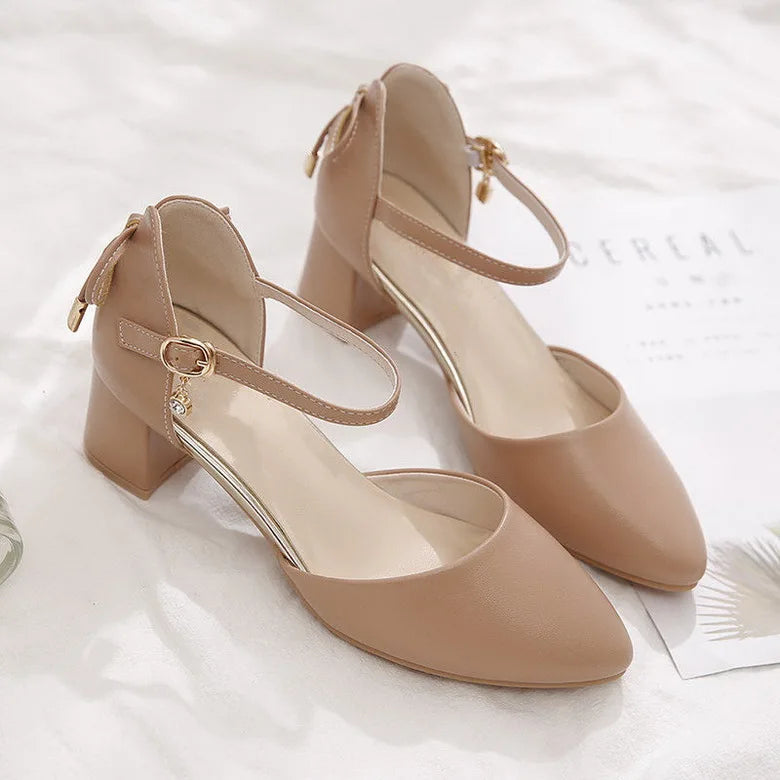 FHC Bowtie High Heels Women Pumps,Pointed toe Single Shoes Woman,Ankle Strap Sandals,Block Heel Footware for Office Lady,Beige