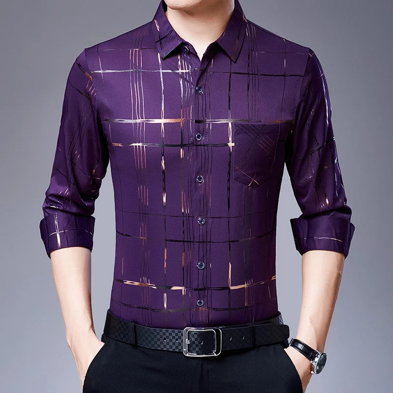 New Arrival Men's Casual Long Sleeve Satin Blouse Shirt Loose Fit Stand Collar Anti-Wrinkle Autumn Stripe Print Wholesale