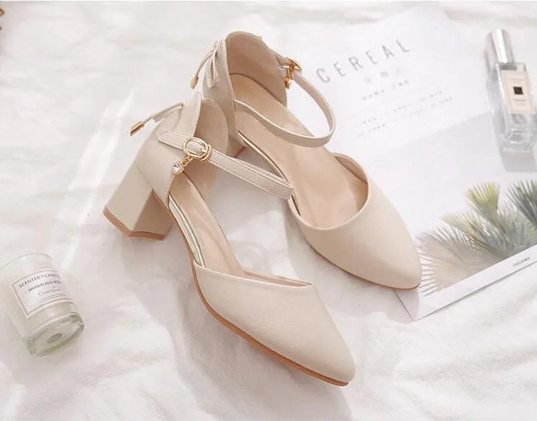 FHC Bowtie High Heels Women Pumps,Pointed toe Single Shoes Woman,Ankle Strap Sandals,Block Heel Footware for Office Lady,Beige