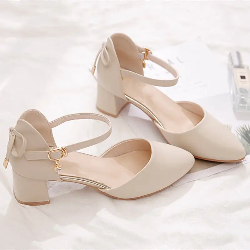 FHC Bowtie High Heels Women Pumps,Pointed toe Single Shoes Woman,Ankle Strap Sandals,Block Heel Footware for Office Lady,Beige