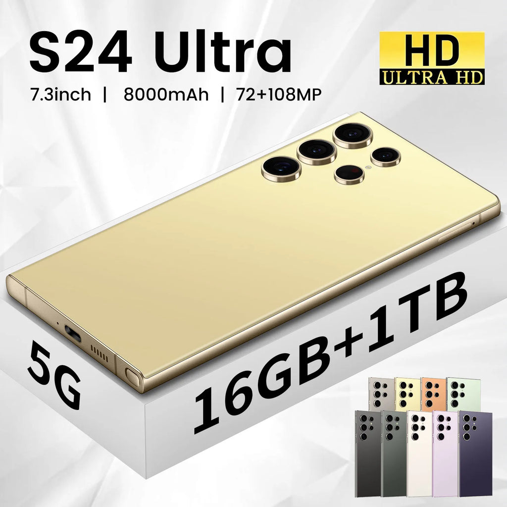 هاتف ذكي جديد S24 Ultra 5G بشاشة كبيرة مقاس 7.3 بوصة وذاكرة 8+256 جيجابايت وشريحتين اتصال وبطارية 8000 مللي أمبير في الساعة، هاتف الكل في واحد بذاكرة وصول عشوائي (RAM) 16 جيجابايت وذاكرة قراءة فقط (ROM) 1 تيرابايت