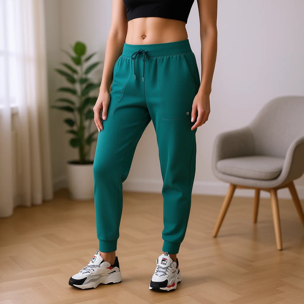 For Joelle Jogger Women's Active Pants Emerald Green Canvas Flare Wide Leg Elastic Waist Breathable Ankle-Length Spring Office