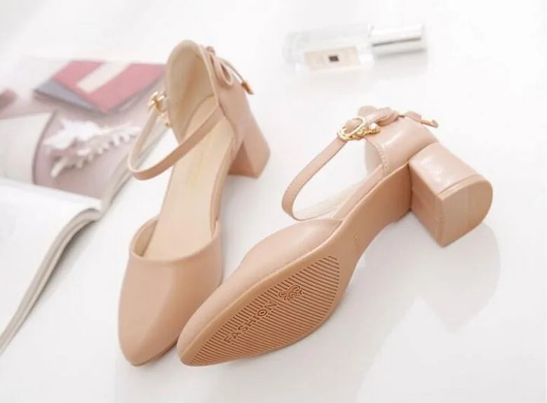 FHC Bowtie High Heels Women Pumps,Pointed toe Single Shoes Woman,Ankle Strap Sandals,Block Heel Footware for Office Lady,Beige
