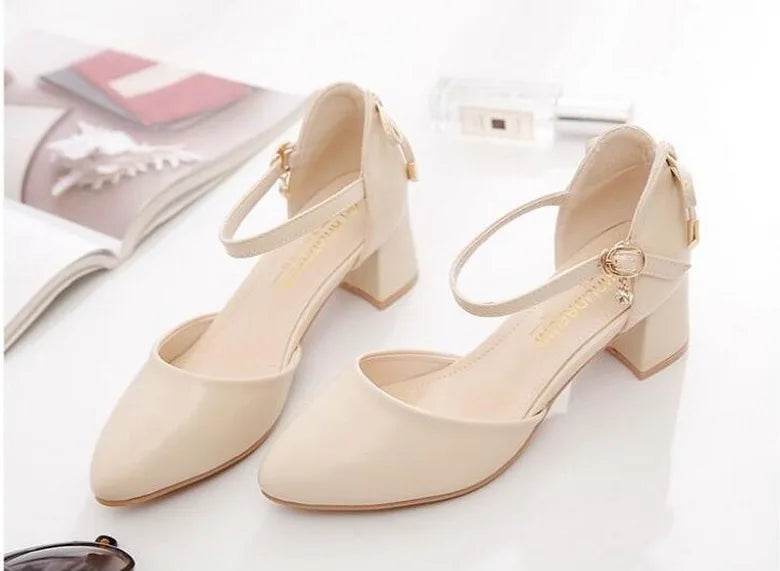 FHC Bowtie High Heels Women Pumps,Pointed toe Single Shoes Woman,Ankle Strap Sandals,Block Heel Footware for Office Lady,Beige