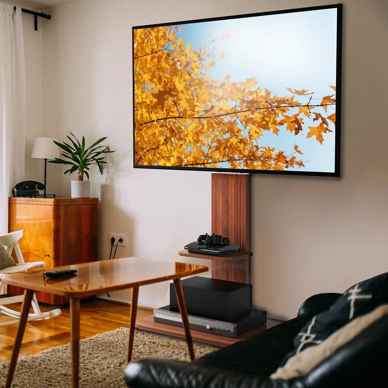 Height Adjustable Wooden TV Floor Stand Bracket with Wood Shelves for 32-65 Inch