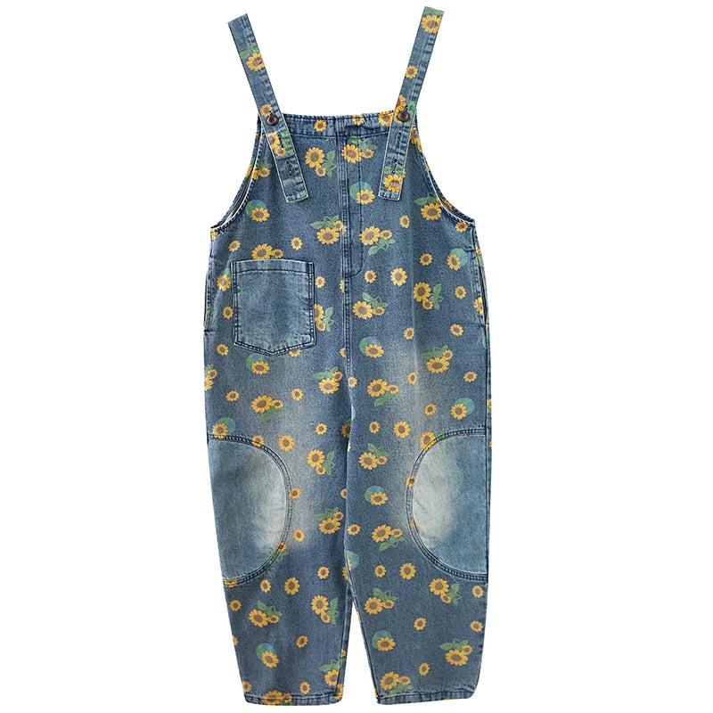 Wholesale Retro Art and Age Reduction Printing Denim Straps for Women Spring and Autumn 2026 New Large Skinny Jumpsuit